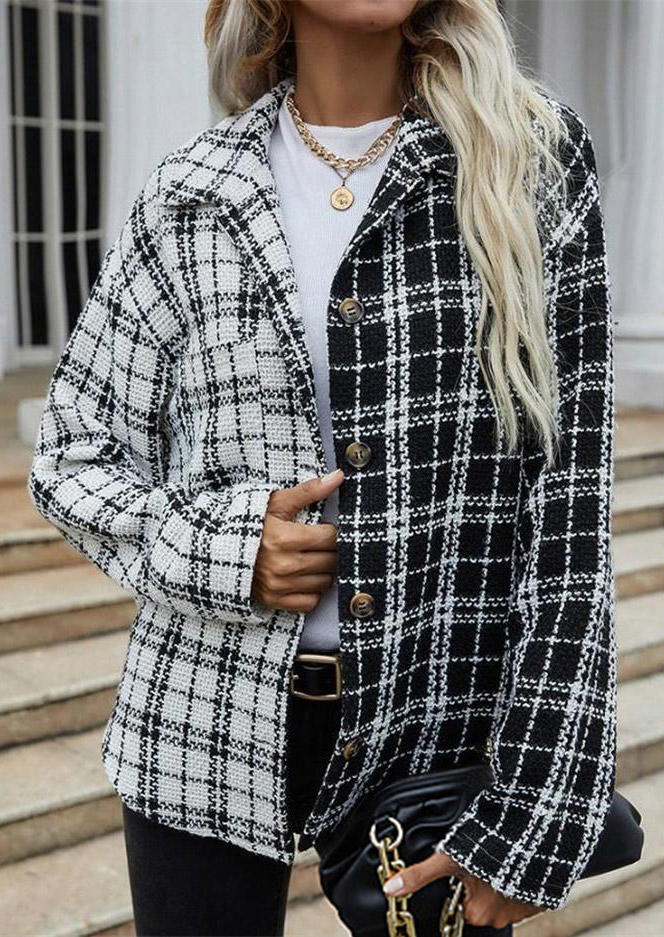 

Color Block Plaid Pocket Button Long Sleeve Coat, 522037