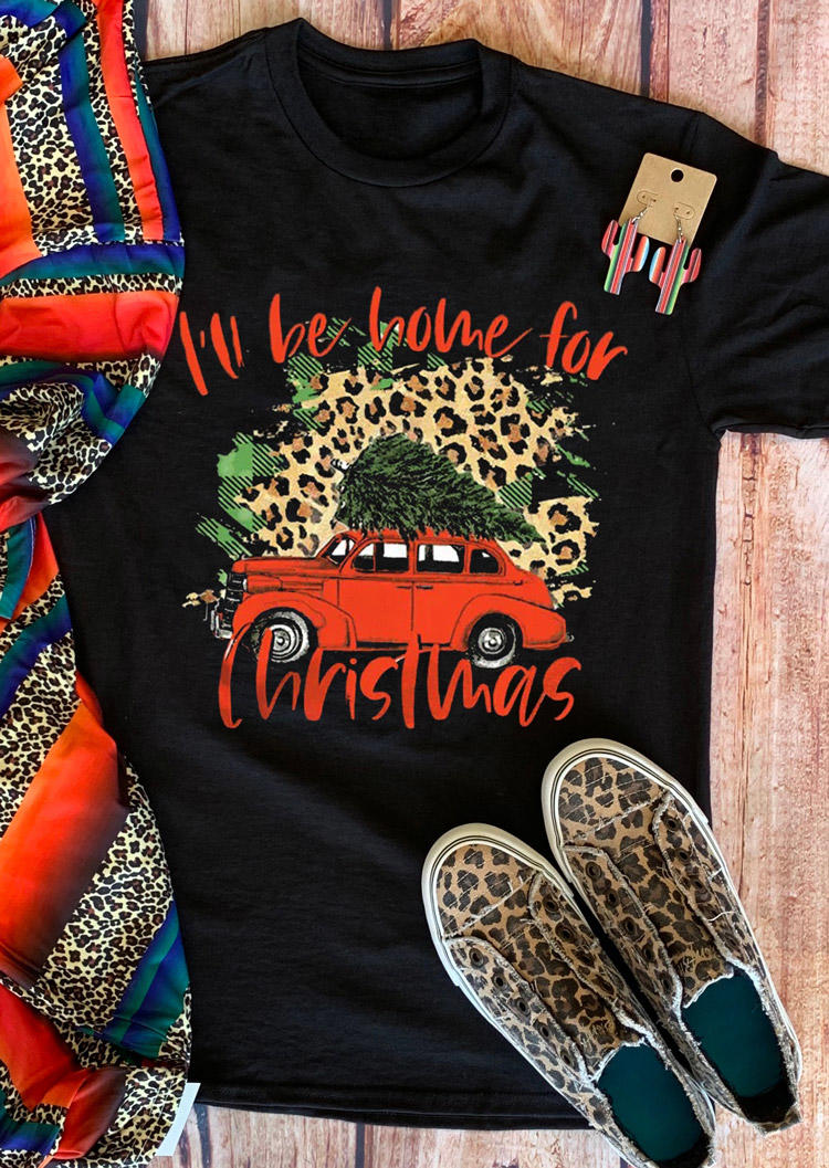 I'll Be Home For Christmas Leopard T-Shirt Tee - Black