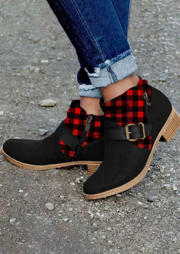 

Buffalo Plaid Buckle Strap Round Toe Ankle Boots - Black, 522056
