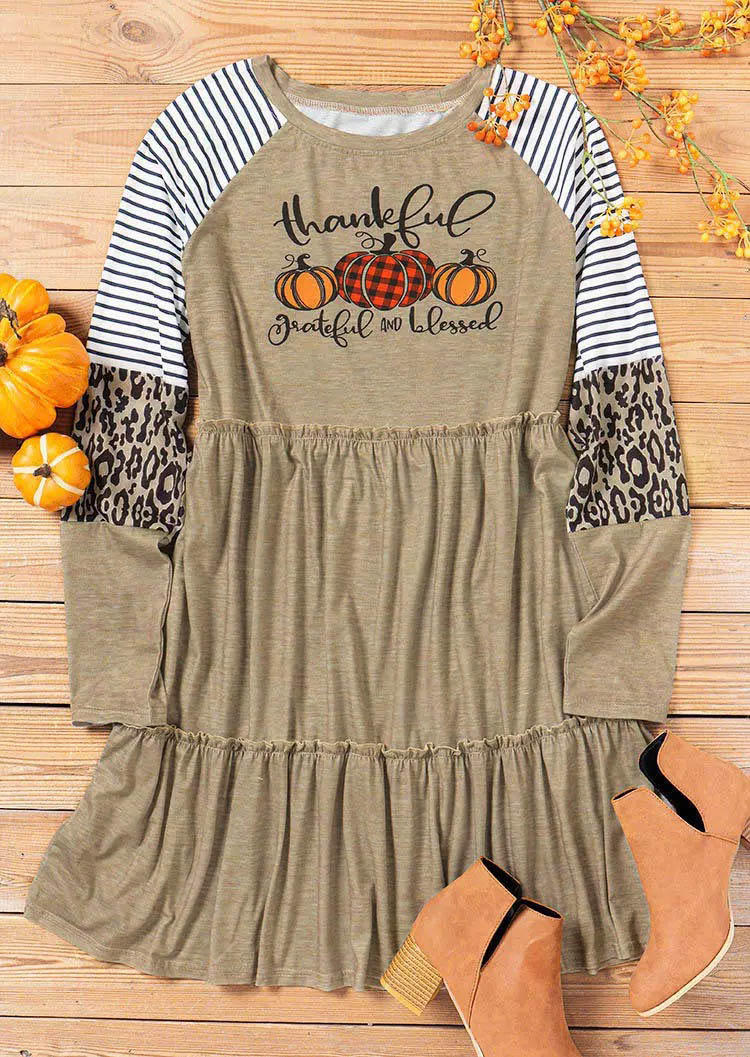 Thankful Striped Plaid Pumpkin Leopard Ruffled Mini Dress