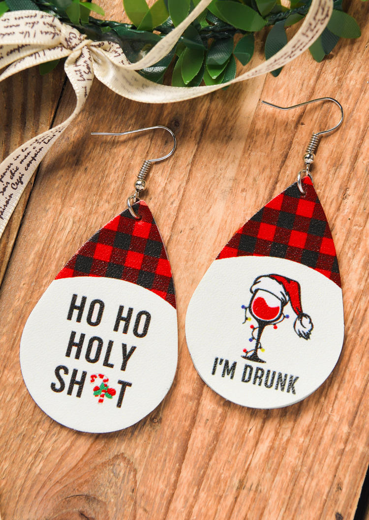 

Christmas I'm Drunk Wine Glass Buffalo Plaid Earrings, Red, 520959