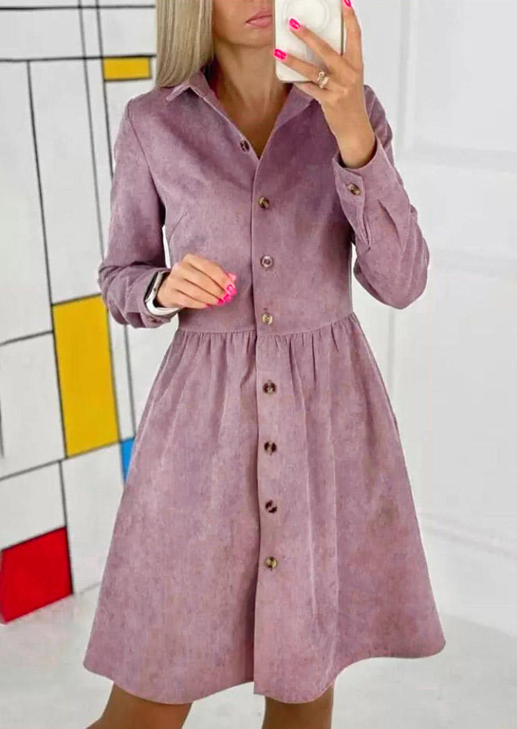 

Button Ruffled Turn-down Collar Mini Dress - Purple, 521014
