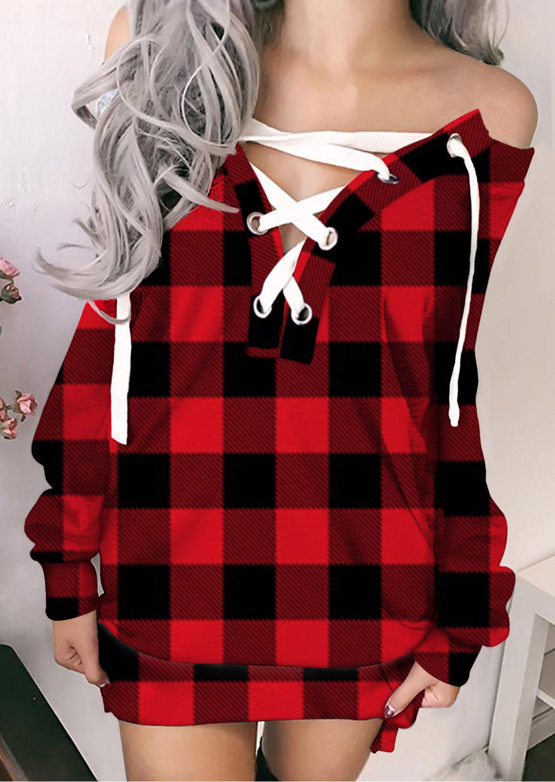 

Christmas Lace Up Buffalo Plaid Mini Dress, 521083
