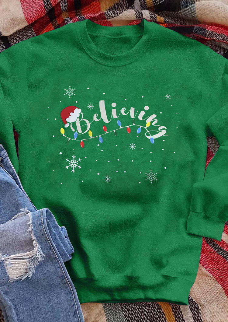 Christmas Hat Believing Snowflake Sweatshirt - Green
