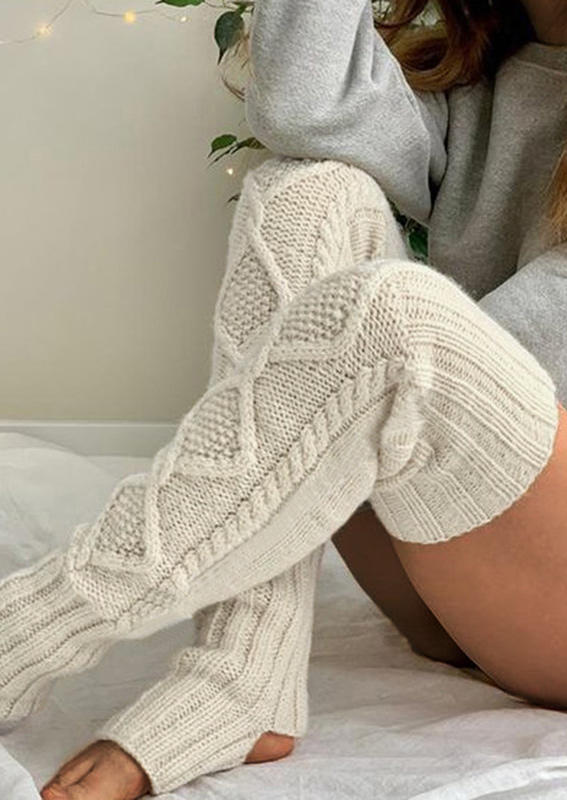 

Knitted Over Knee Leg Warmers Socks, White;gray, 521352