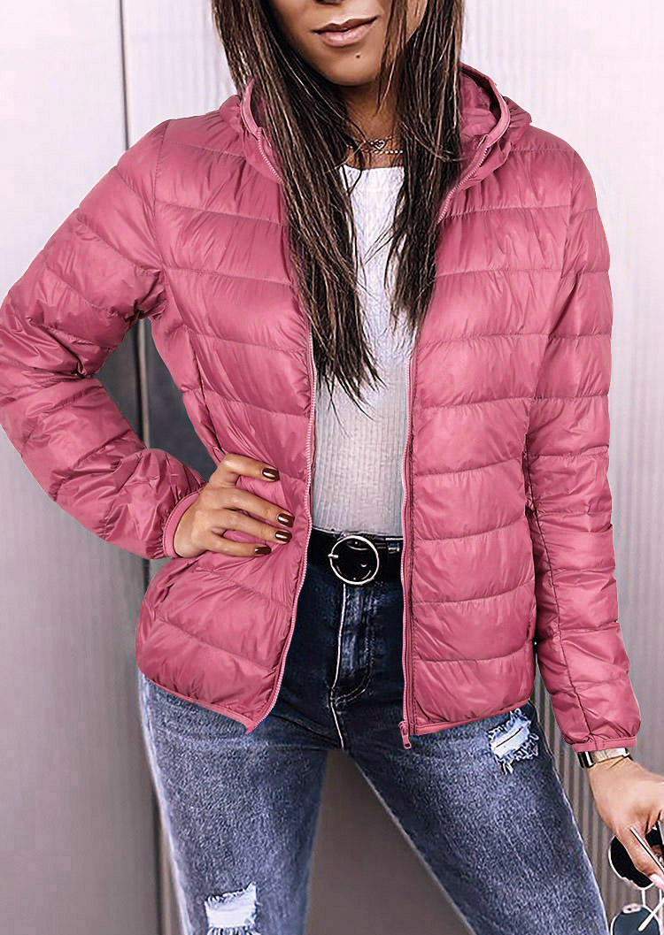 

Zipper Long Sleeve Hooded Down Coat - Pink, 521407