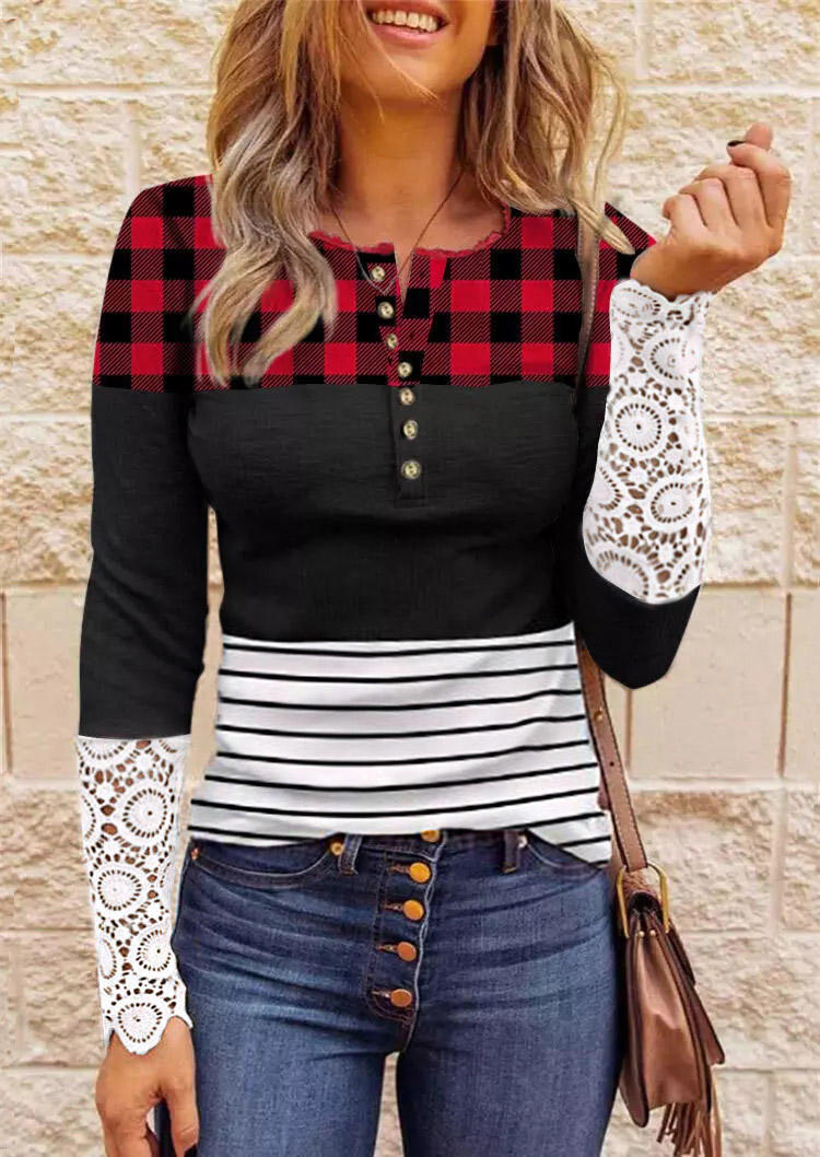 

Plaid Striped Lace Splicing Long Sleeve Blouse - Red, 521750