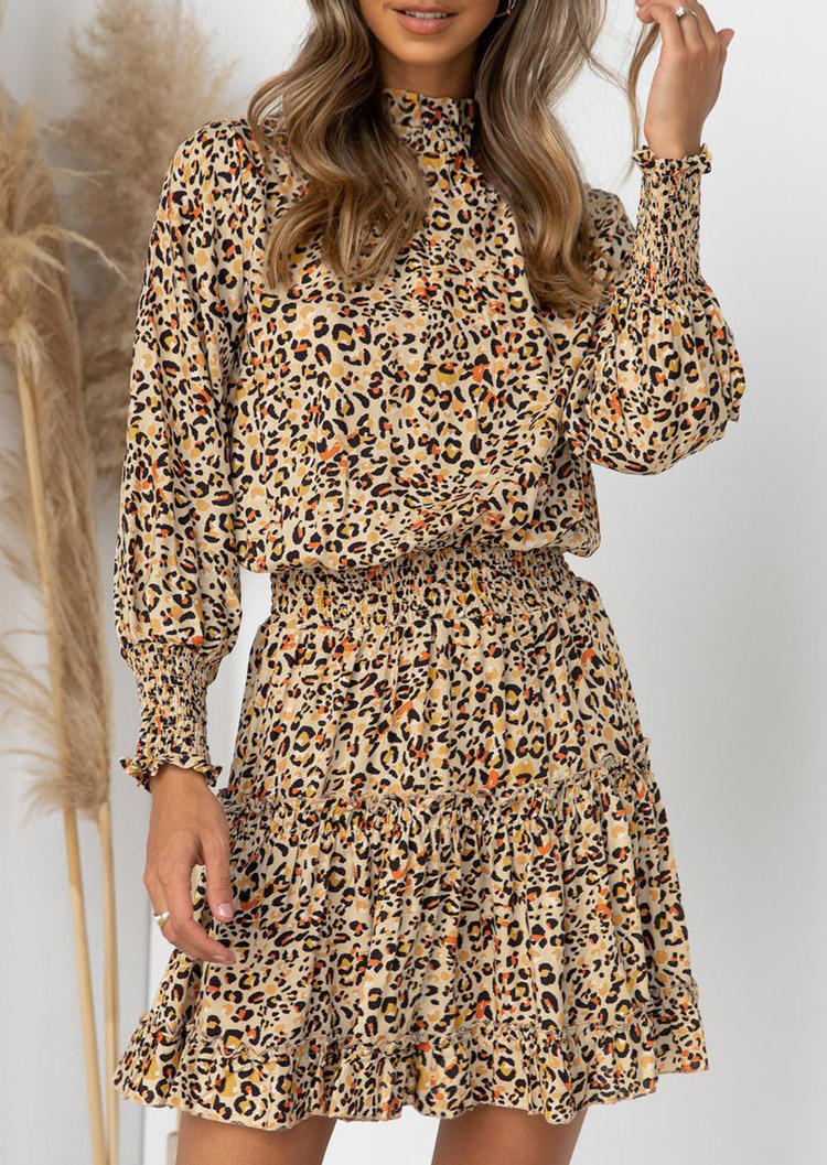 

Leopard Smocked Long Sleeve Mini Dress, 521934