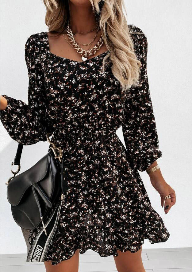 

Floral Long Sleeve Mini Dress - Black, 521937