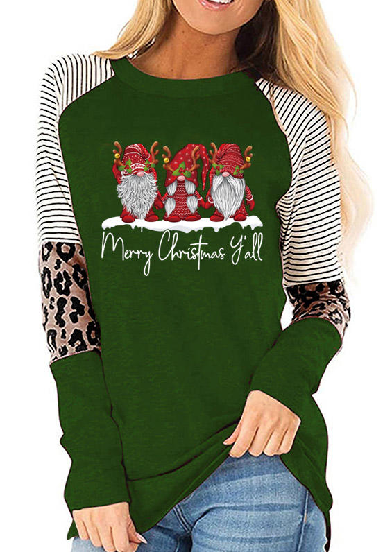Merry Christmas Y'all Gnomies Striped Leopard Blouse - Green