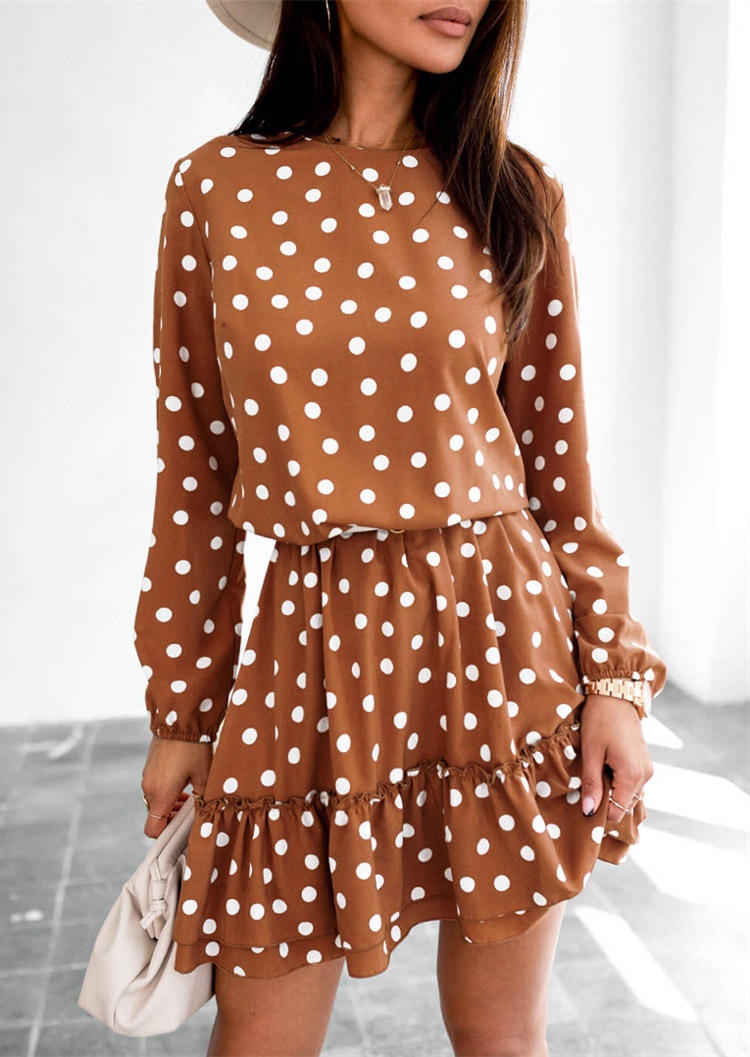 

Polka Dot Ruffled Long Sleeve Mini Dress - Brown, 521945