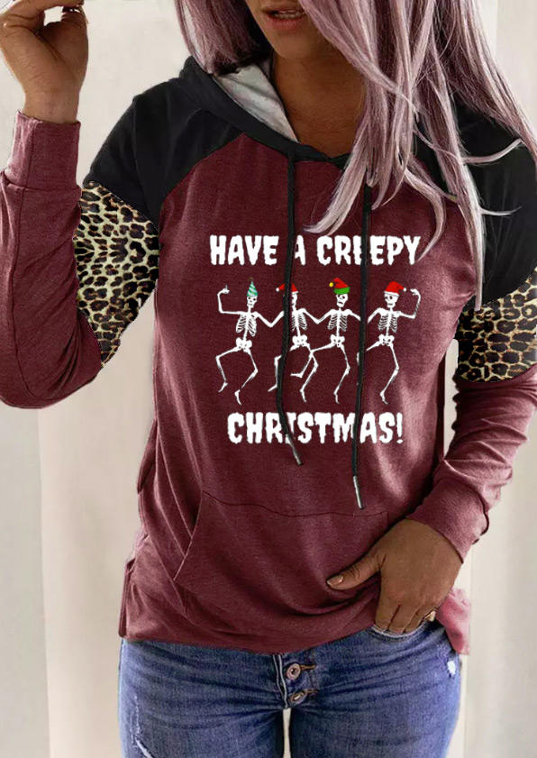 

Have A Creepy Christmas Skeleton Hooded Blouse - Brick Red, 521146