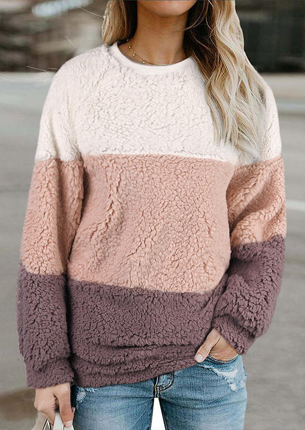 

Fuzzy Color Block Long Sleeve Sweatshirt - Pink, 521175
