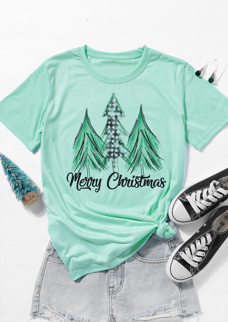 Buy Merry Christmas Tree Plaid T-Shirt Tee - Light Green. Picture