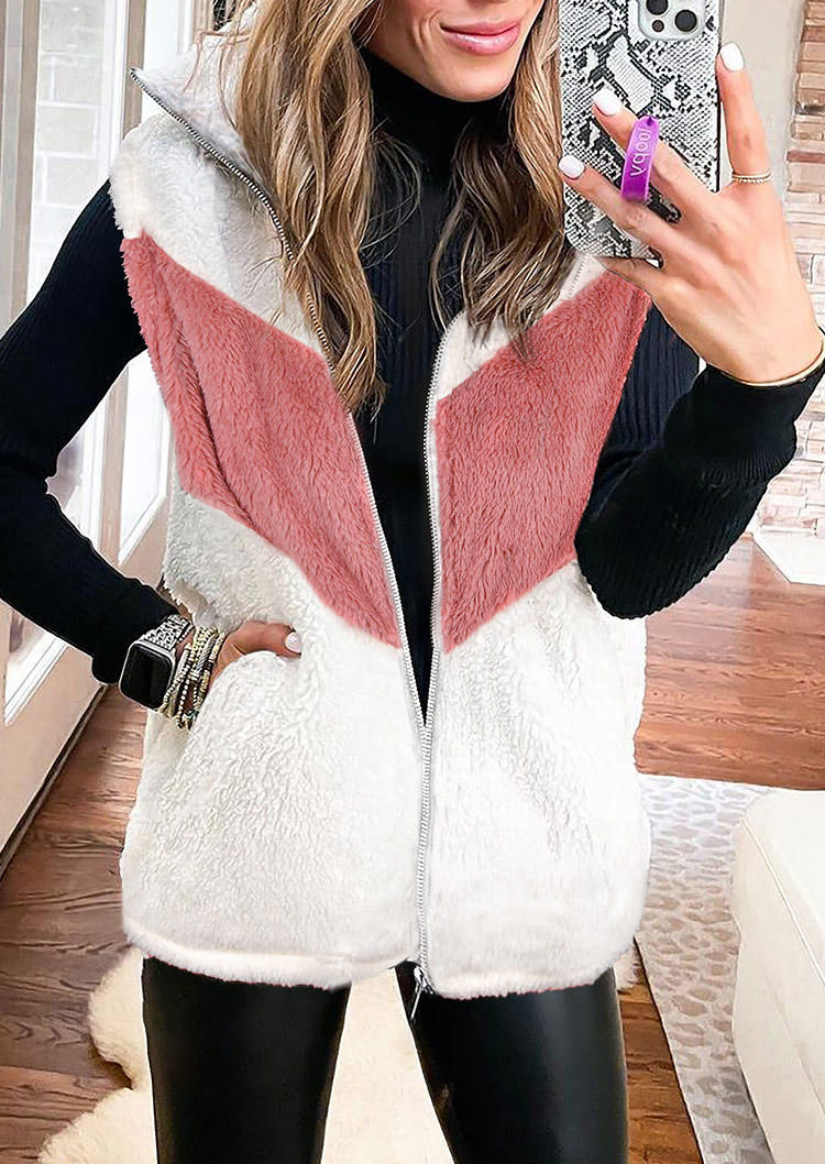 

Color Block Plush Pocket Vest Coat - White, 521521