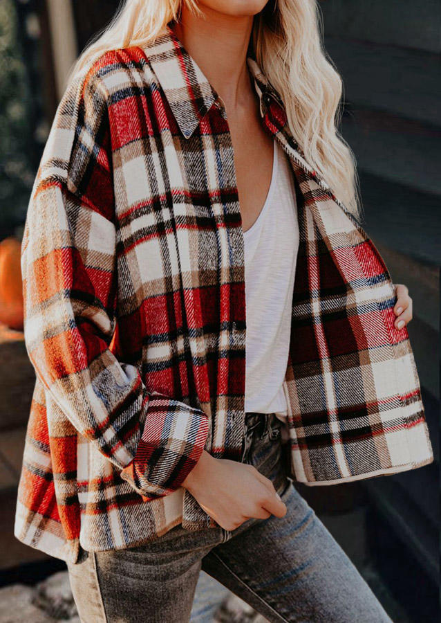 

Plaid Button Turn-down Collar Coat, 521565
