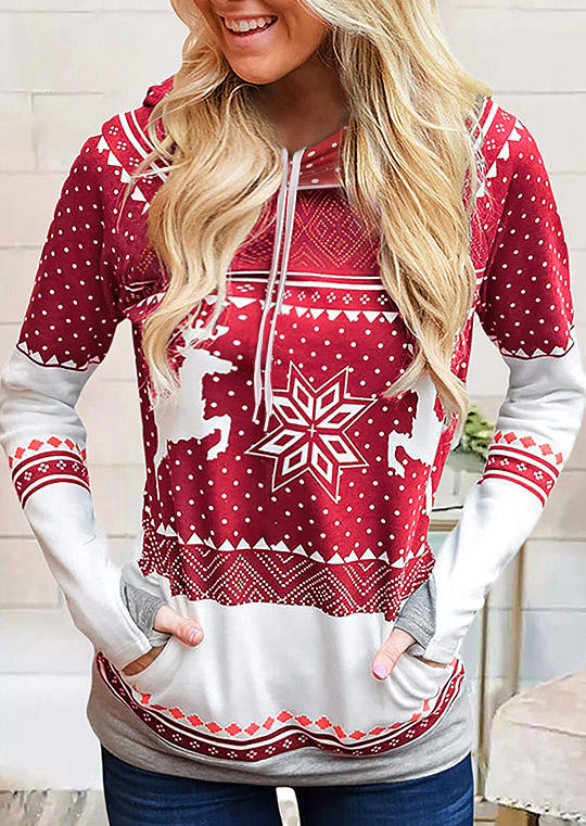 

Christmas Reindeer Snowflake Pocket Hoodie - Red, 521583