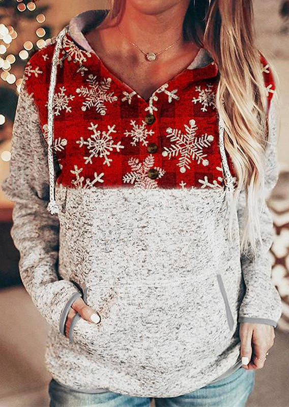 

Christmas Buffalo Plaid Snowflake Drawstring Hoodie - Gray, 521585