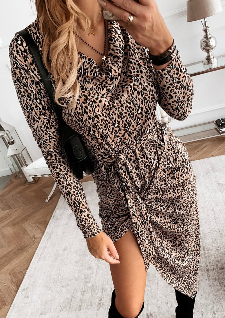 

Leopard Irregular Tie Long Sleeve Midi Dress, 521667