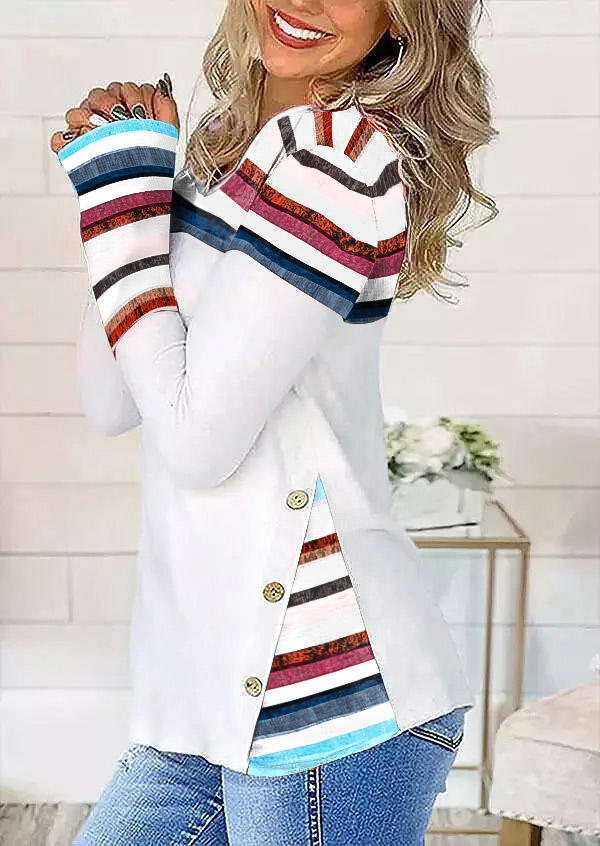 

Colorful Striped Button Splicing Long Sleeve Blouse - White, 521715