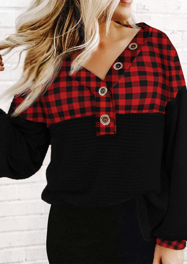 

Plaid Button Splicing Waffle Blouse - Black, 521748