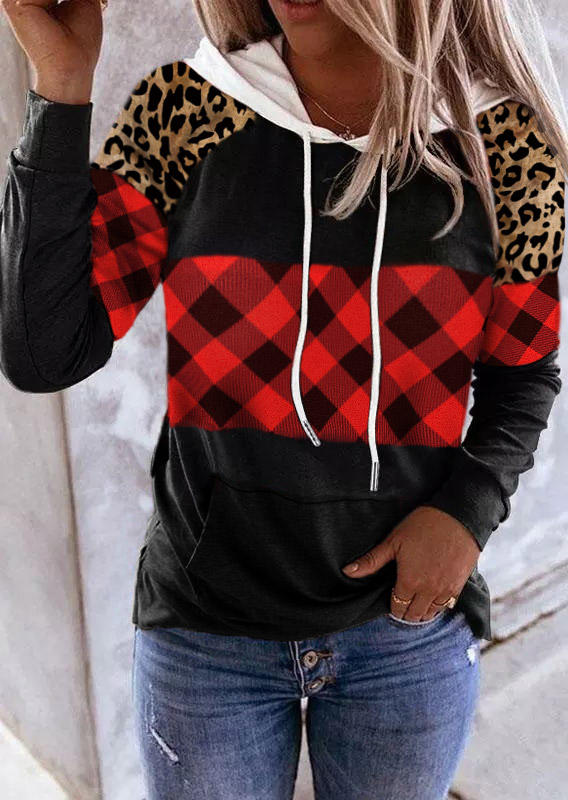 Leopard Plaid Splicing Long Sleeve Hoodie