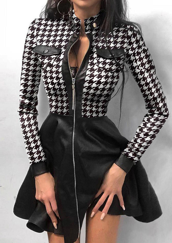 

Houndstooth Zipper Pocket Mini Dress - Black, 521979