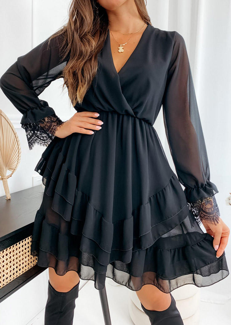 

Ruffled Lace Splicing V-Neck Mini Dress - Black, 522017