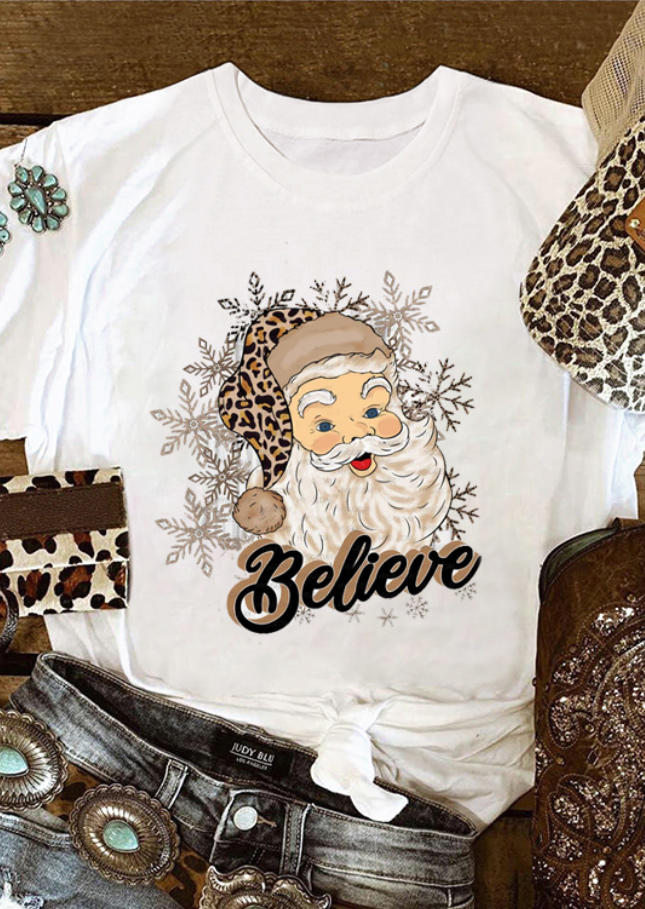 

Christmas Snowflake Leopard Santa Claus Believe T-Shirt Tee - White, 522137