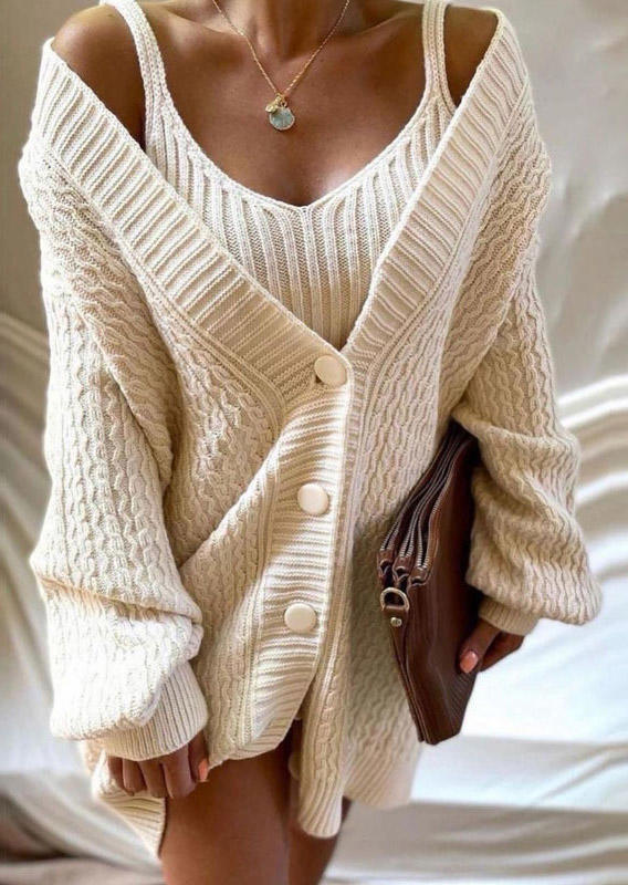 

2Pcs Camisole And Button Long Sleeve Cardigan Set, Apricot, 522230