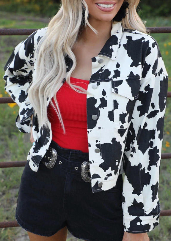 

Cow Button Turn-Down Collar Jacket - White, 522264