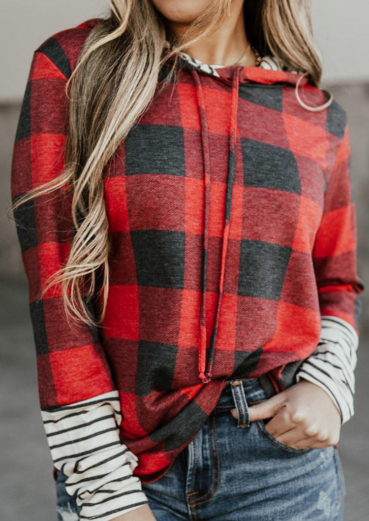 

Plaid Striped Long Sleeve Hoodie, Multicolor, 522268
