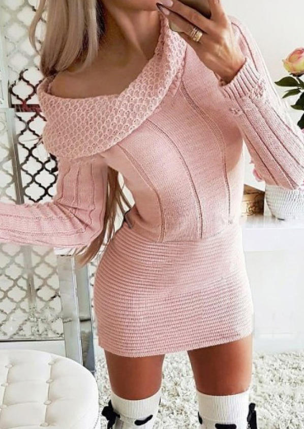 Ribbed Knitted Sweater Bodycon Dress without Belt - Pink