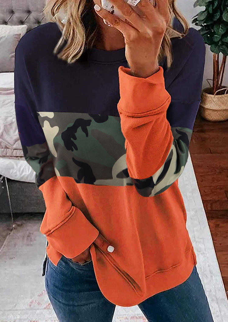 Camouflage Color Block Long Sleeve Pullover Sweatshirt