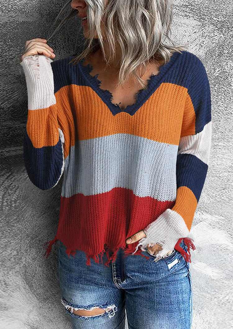 

Color Block Frayed Hem Knitted V-Neck Sweater, Multicolor, 521493