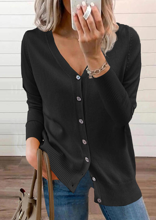 

Knitted Button Long Sleeve Blouse - Black, 521516
