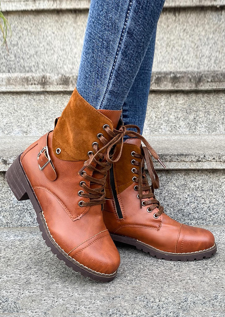

Vintage Lace Up Buckle Strap Boots - Dark Brown, 521599