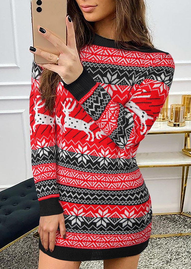 

Christmas Reindeer Snowflake Sweater Mini Dress - Red, 521654