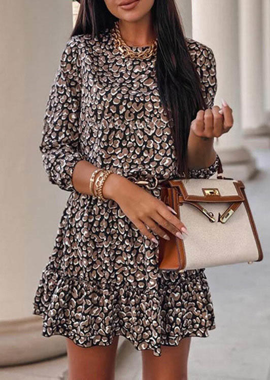 

Leopard Ruffled Button Long Sleeve Mini Dress - Coffee, 521663