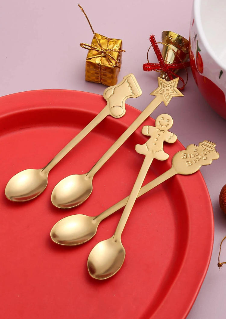 

4Pcs 304 Stainless Steel Christmas Snowman Gingerbread Man Dessert Spoon Set, Gold;silver, 521664