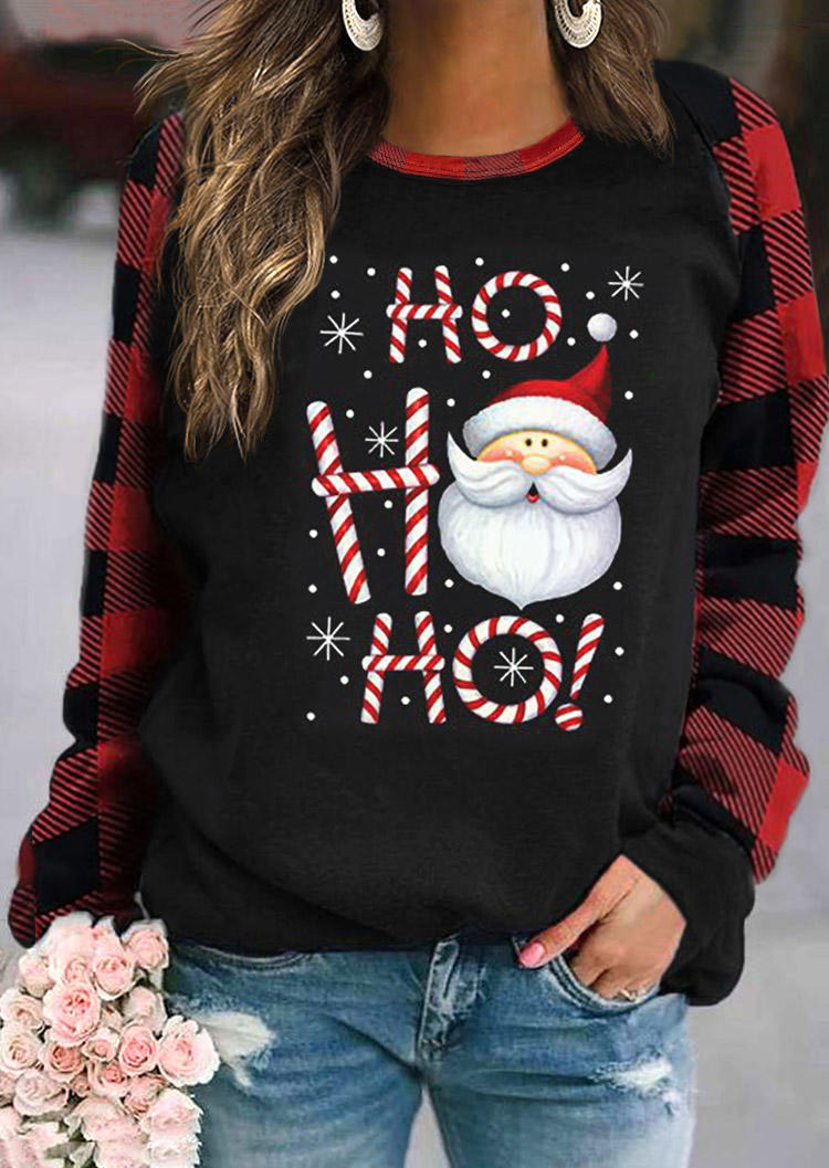 Christmas Ho Ho Ho Santa Claus Plaid Sweatshirt - Black
