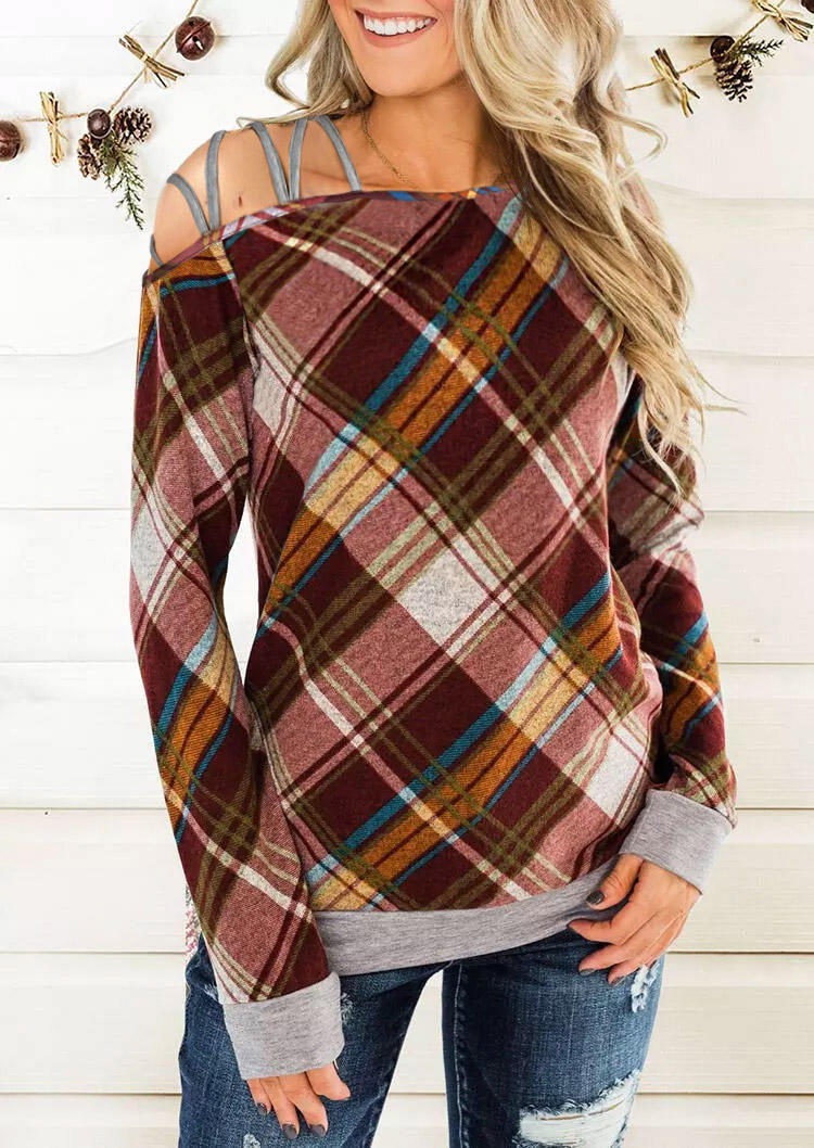 

Plaid One Sided Cold Shoulder Hollow Out Blouse, 521842