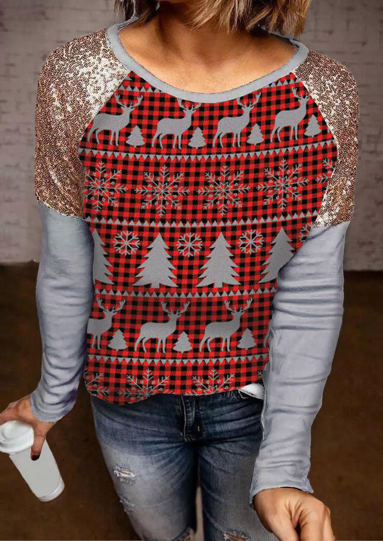 

Christmas Tree Reindeer Sequined Blouse - Red, 522201