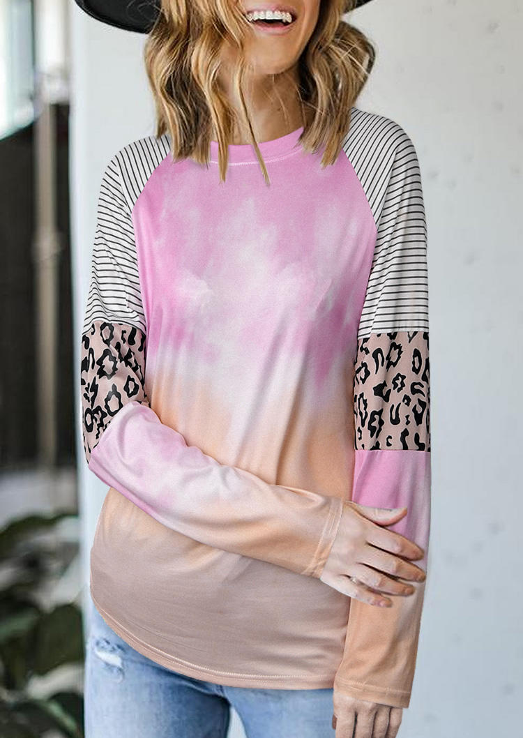 

Tie Dye Striped Leopard Long Sleeve Blouse, Multicolor, 521552