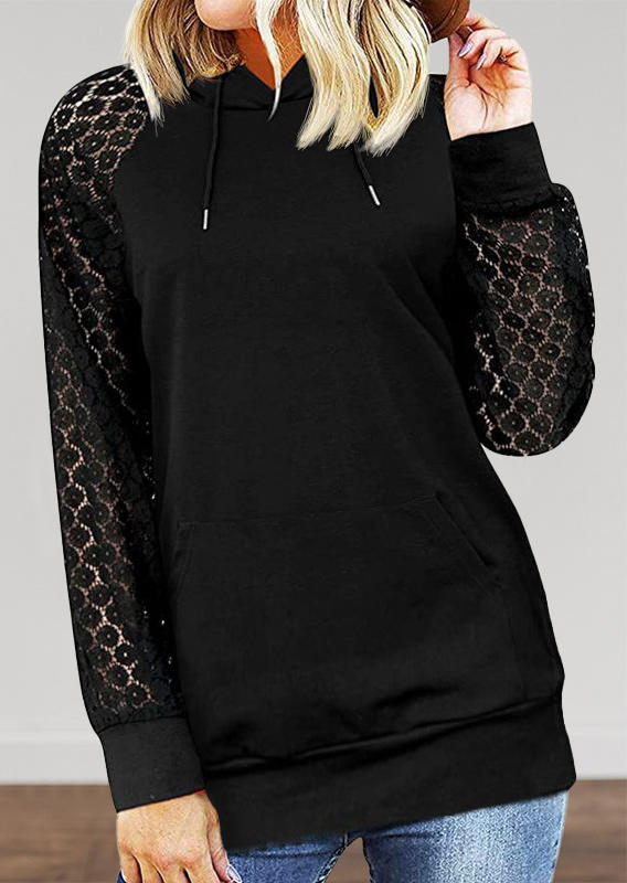 

Hollow Out Lace Splicing Long Sleeve Hoodie - Black, 521607