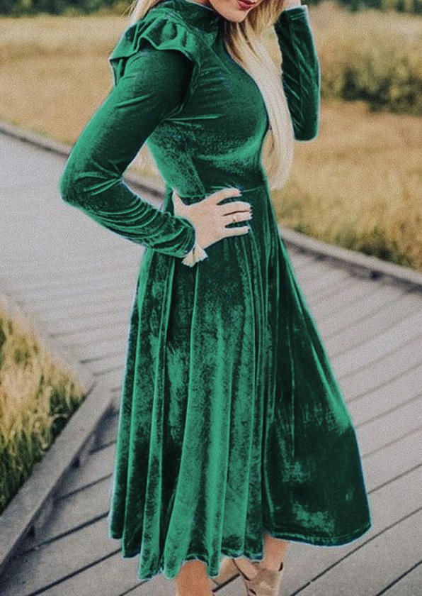 

Velvet Ruffled Long Sleeve Midi Dress - Green, 521659