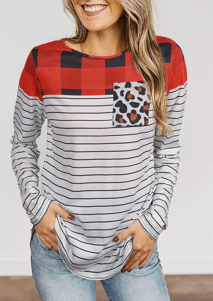 

Leopard Pocket Striped Plaid Casual Blouse, Stripe, 521816