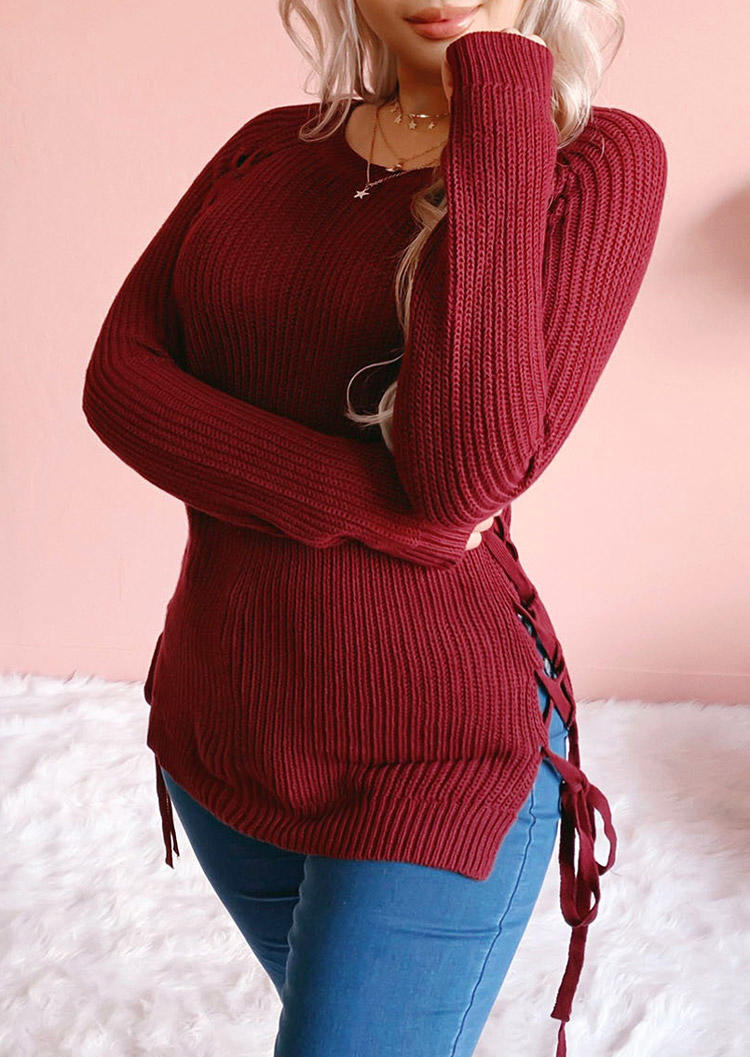 

Lace Up Knitted Long Sleeve Sweater - Burgundy, 522303