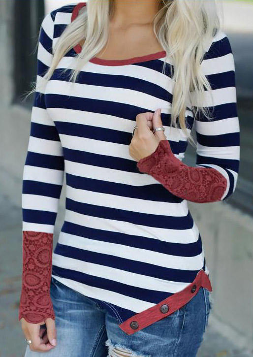 Lace Striped Button Long Sleeve Blouse