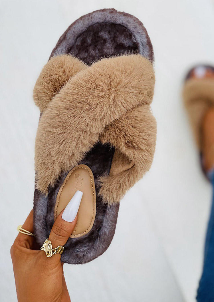 

Fuzzy Cross Round Toe Flat Slippers - Khaki, 522473